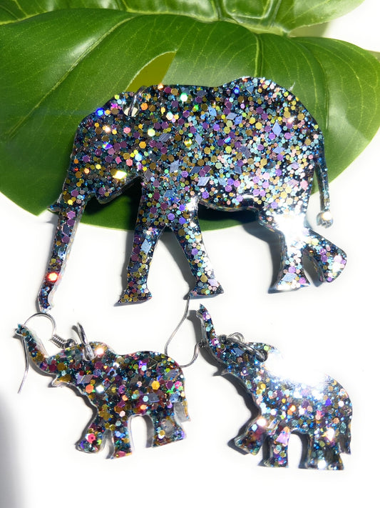 Elephant Necklaces/Earrings Set  | Pink Sparkle Resin Elephant |