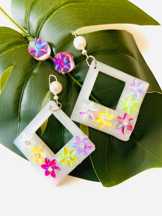 Cute Flower Earrings | Square Colorful Earrings | Geometric Hoops | Handmade Earrings