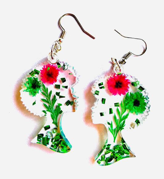 Handmade Real Dried Pink & Green Flower Earrings | Beautiful Afro Head| Black Girl Magic | Custom Earrings