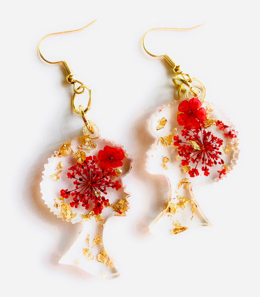 Handmade Real Dried Red Flower Earrings | Beautiful Afro Head| Black Girl Magic | Custom Earrings