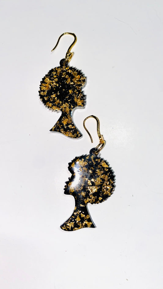 Handmade Black Butterfly Resin Earrings | Beautiful Afro Head | Gold Embellished Butterfly