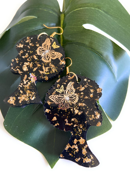 Handmade Black Butterfly Resin Earrings | Beautiful Afro Head | Gold Embellished Butterfly