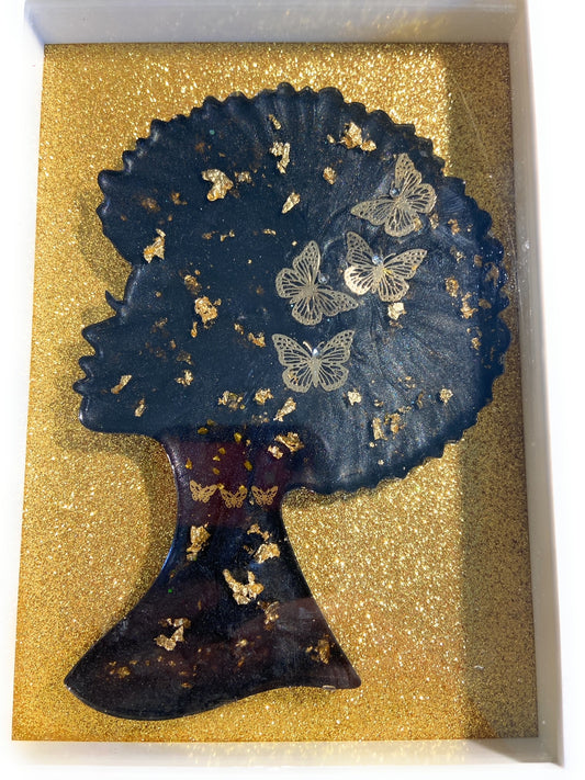 Black & Gold Butterfly Picture | Home Décor | Shadow Box Picture| Handmade Afro Head