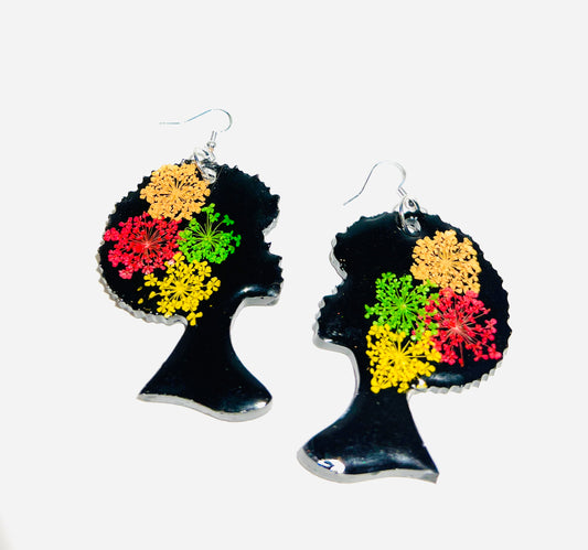 Handmade Real Dried Multicolor Flower Earrings | Afro Head| African Woman| Custom Earrings | Dangle Earrings |Afrocentric |Graduation |For Her