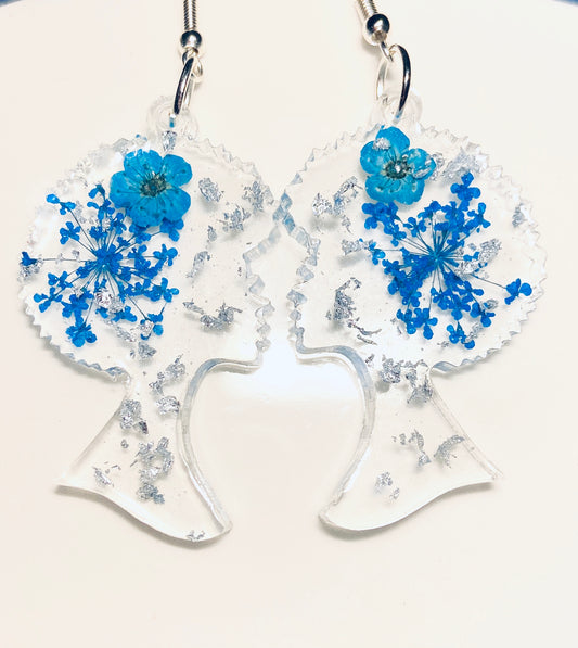 Handmade Real Dried Blue Flower Earrings | Beautiful Afro Head| Black Girl Magic | Custom Earrings | Dangle Earrings