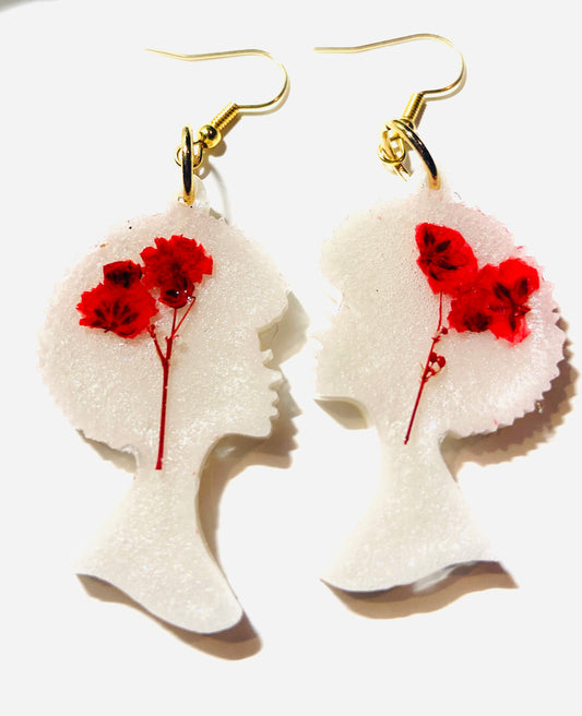 Handmade Real Dried Red Flower Earrings | Afro Head| African Woman| Custom Earrings | Dangle Earrings |Afrocentric