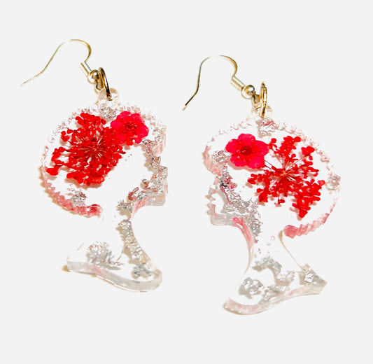 Handmade Real Dried Red & Silver Flower Earrings | Afro Head| African Woman| Custom Earrings | Dangle Earrings |Afrocentric |Birthday Gift|