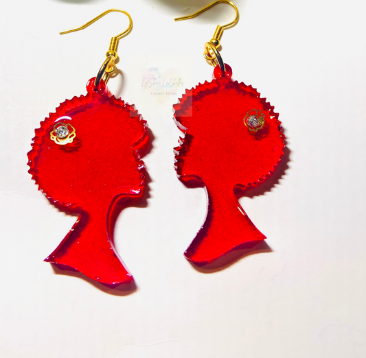 Handmade Gold Rose Red Earrings | Afro Head| African Woman| Custom Earrings | Dangle Earrings |Afrocentric